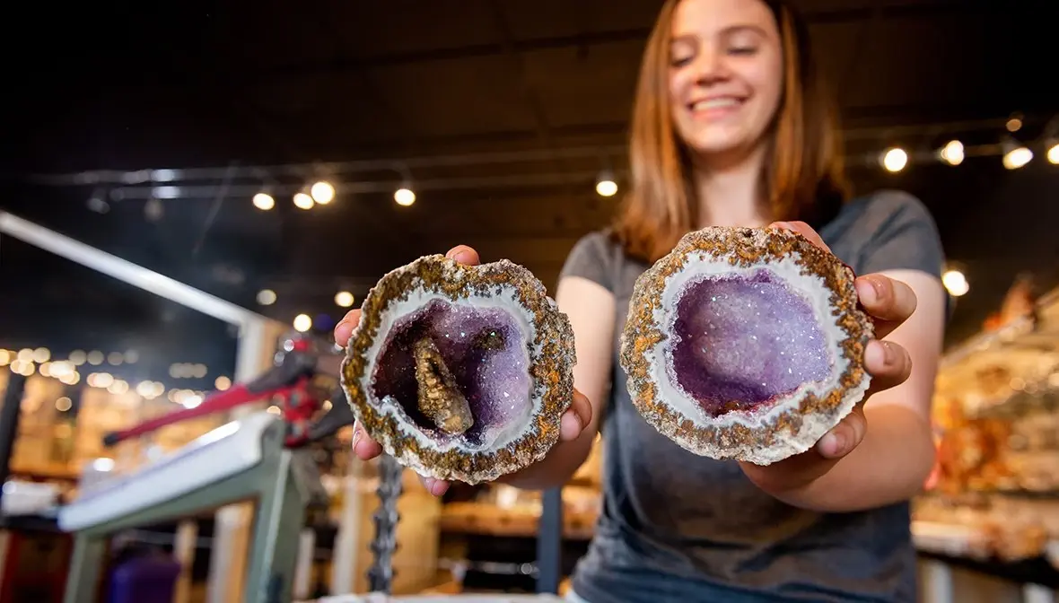 A freshly cracked geode revealing purple amethyst crystals inside
